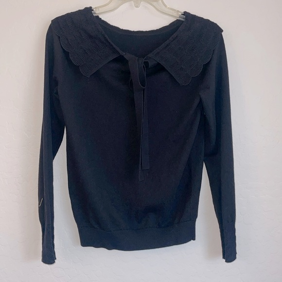 Boden Sweater Dark Navy Sz S Knit Tie Back Scallop Collar Long Sleeve Ribbed hem - Picture 1 of 11